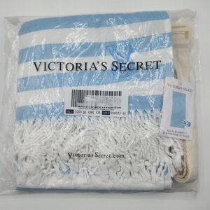 Victoria's Secret Beach Blanket Monogram Fringe Blue White Striped 34"x60" NWT